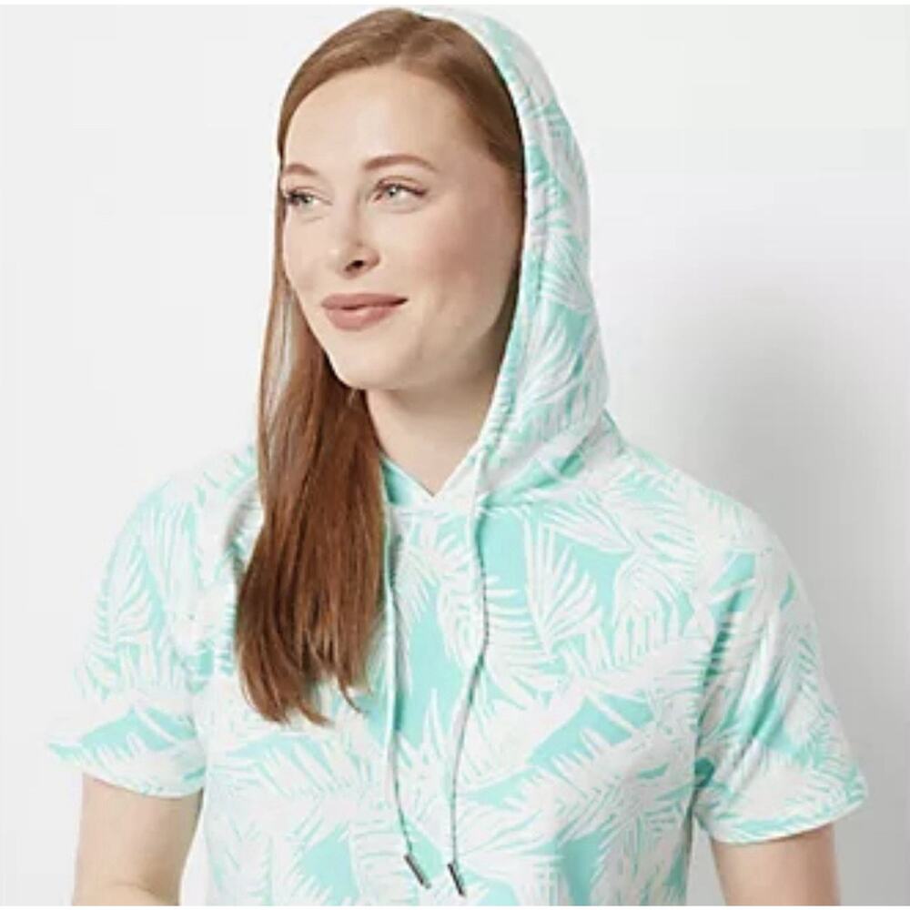 Belle Beach by Kim Gravel French Terry Short Sleeve Hoodie Light Aqua Palm XL - Picture 3 of 12